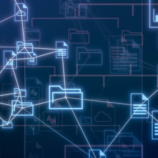 abstract network with clouds and different file and folder icons, sharing data, concept of cloud computing, document management system, global business, big data (3d render)