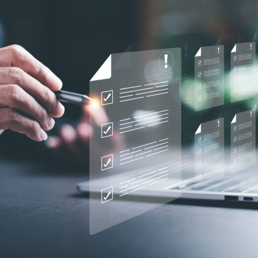 Businessman checking the steps through a virtual online document with a list of checkboxes Concepts of practices and policies, company articles of association Terms and Conditions
